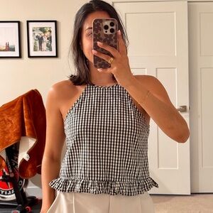 SHEIN Black and White Checkered Halter Blouse
